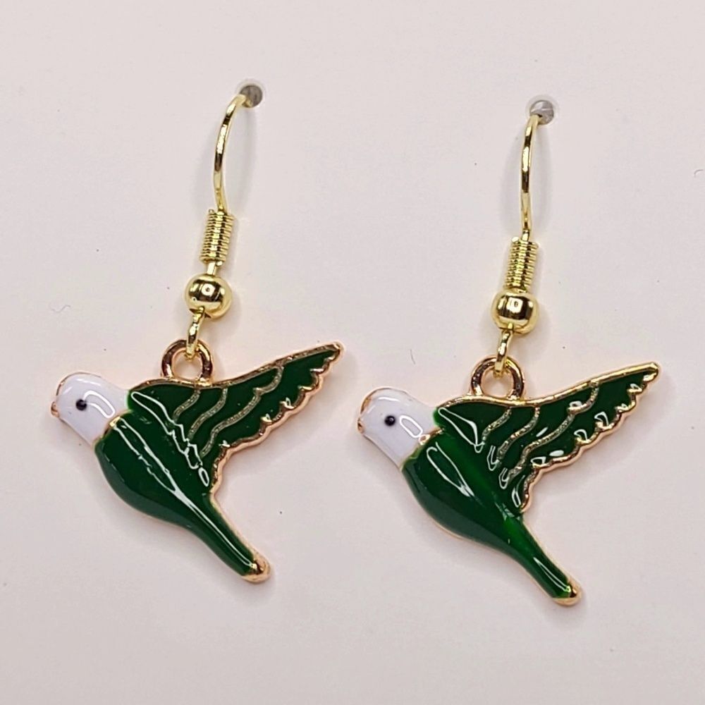 New Hand Crafted Cute Green Bird Hook Earrings 14K Gold Plated